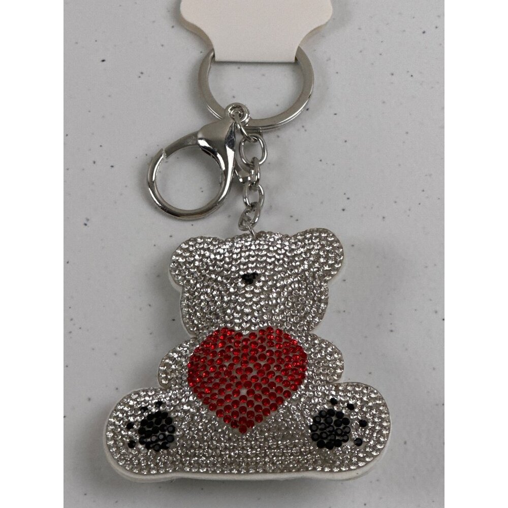 Sparkly Teddy Bear Keychain With Rhinestones & Red Heart